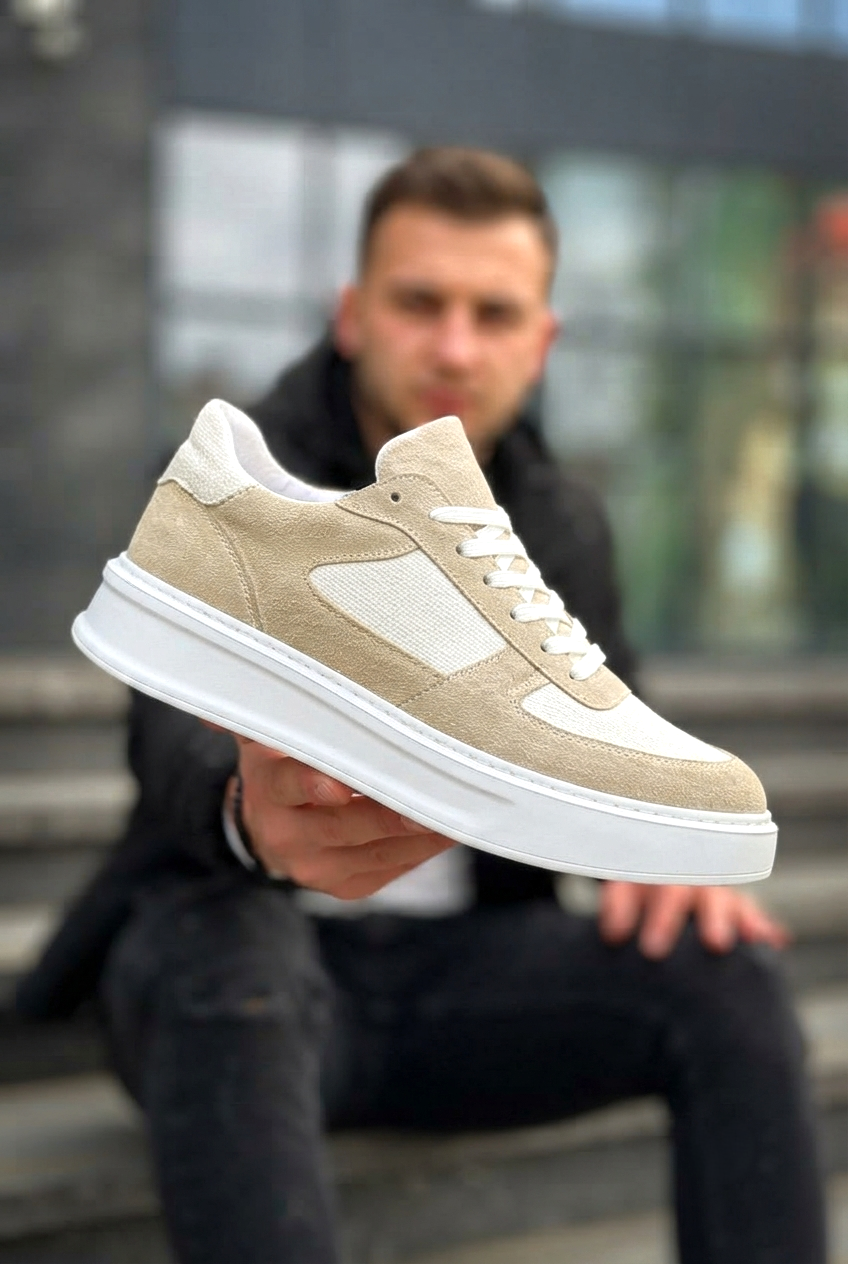 ZRK-X8 Yüksek Kalite Kalın Taban Bej Keten Süet Günlük Erkek Sneaker