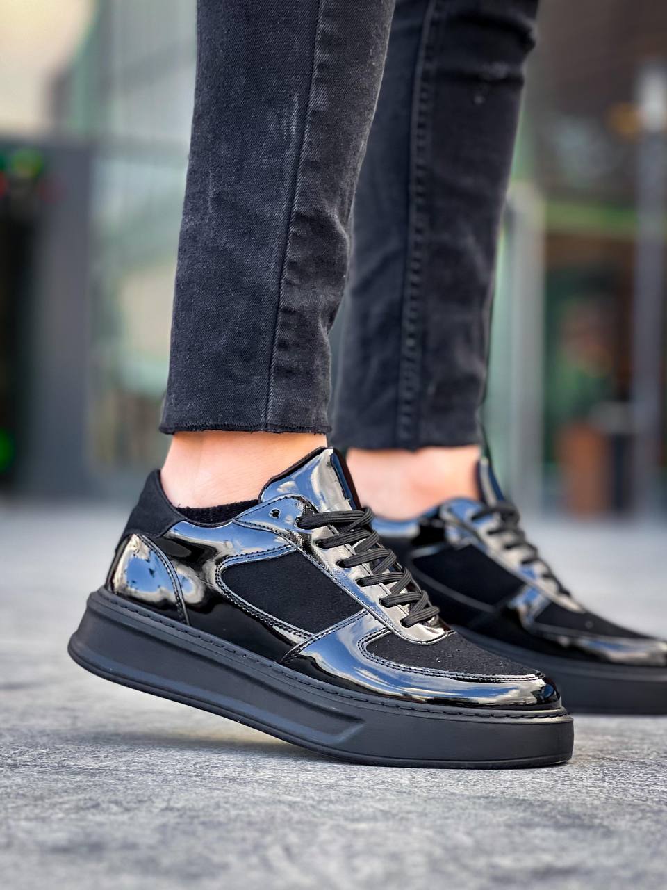 ZRK-X8 Yüksek Kalite Kalın Taban Siyah Rugan Günlük Erkek Sneaker