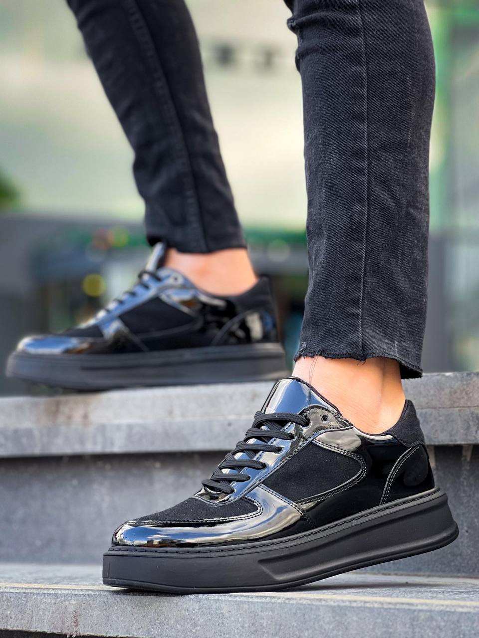 ZRK-X8 Yüksek Kalite Kalın Taban Siyah Rugan Günlük Erkek Sneaker