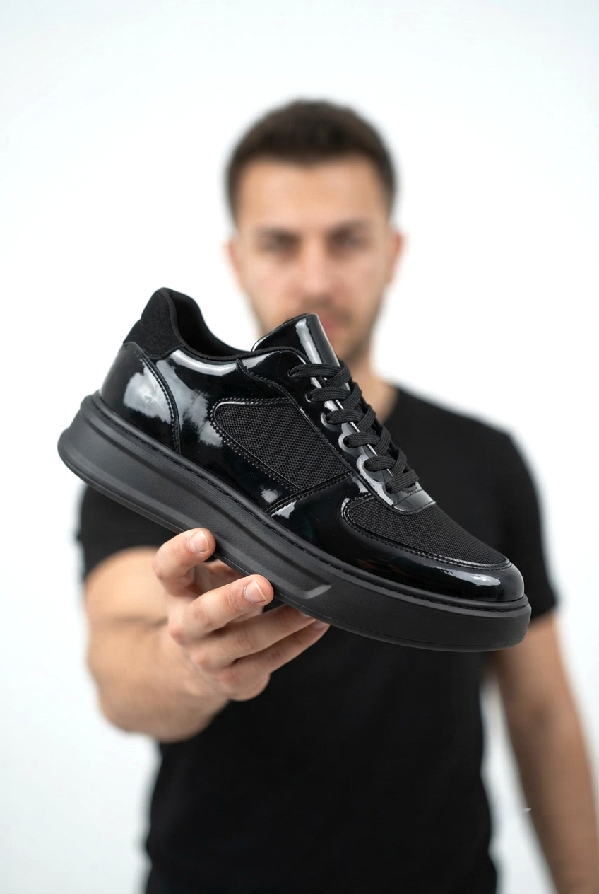 ZRK-X8 Yüksek Kalite Kalın Taban Siyah Rugan Günlük Erkek Sneaker