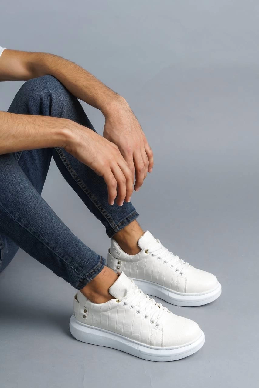 ZRK047 Beyaz Kroko Desen Kalın Taban Bağcıklı Günlük Erkek Spor Ayakkabı