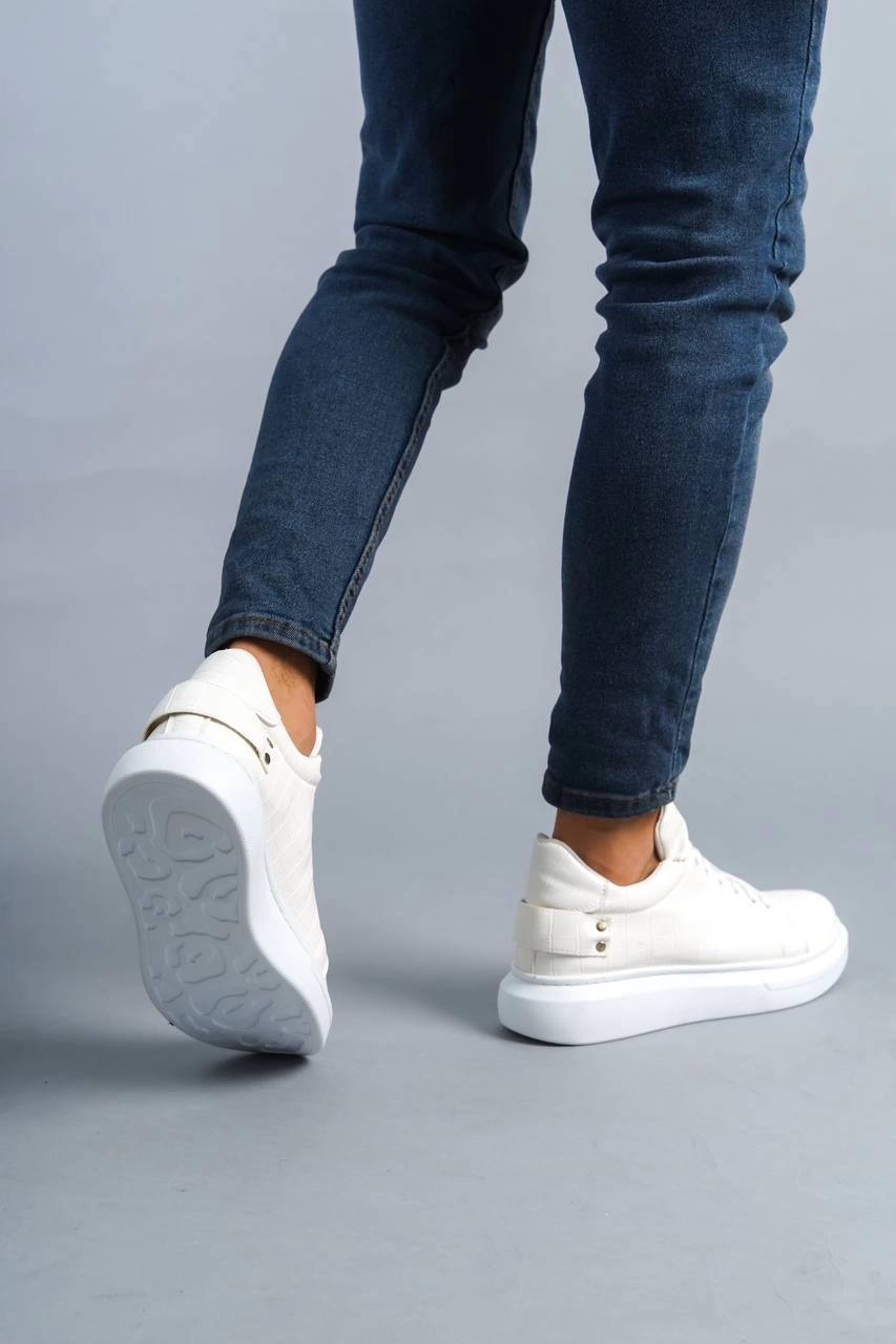 ZRK047 Beyaz Kroko Desen Kalın Taban Bağcıklı Günlük Erkek Spor Ayakkabı