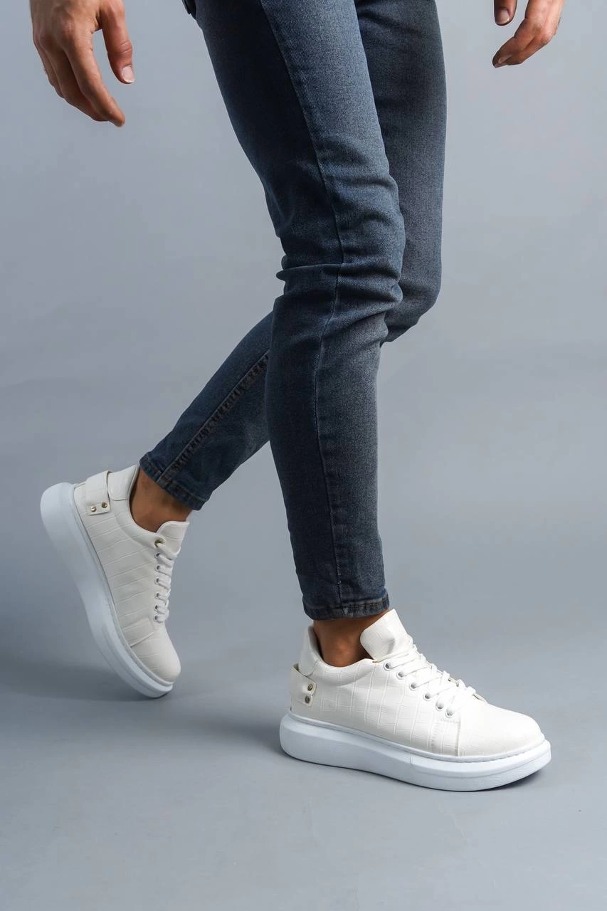 ZRK047 Beyaz Kroko Desen Kalın Taban Bağcıklı Günlük Erkek Spor Ayakkabı