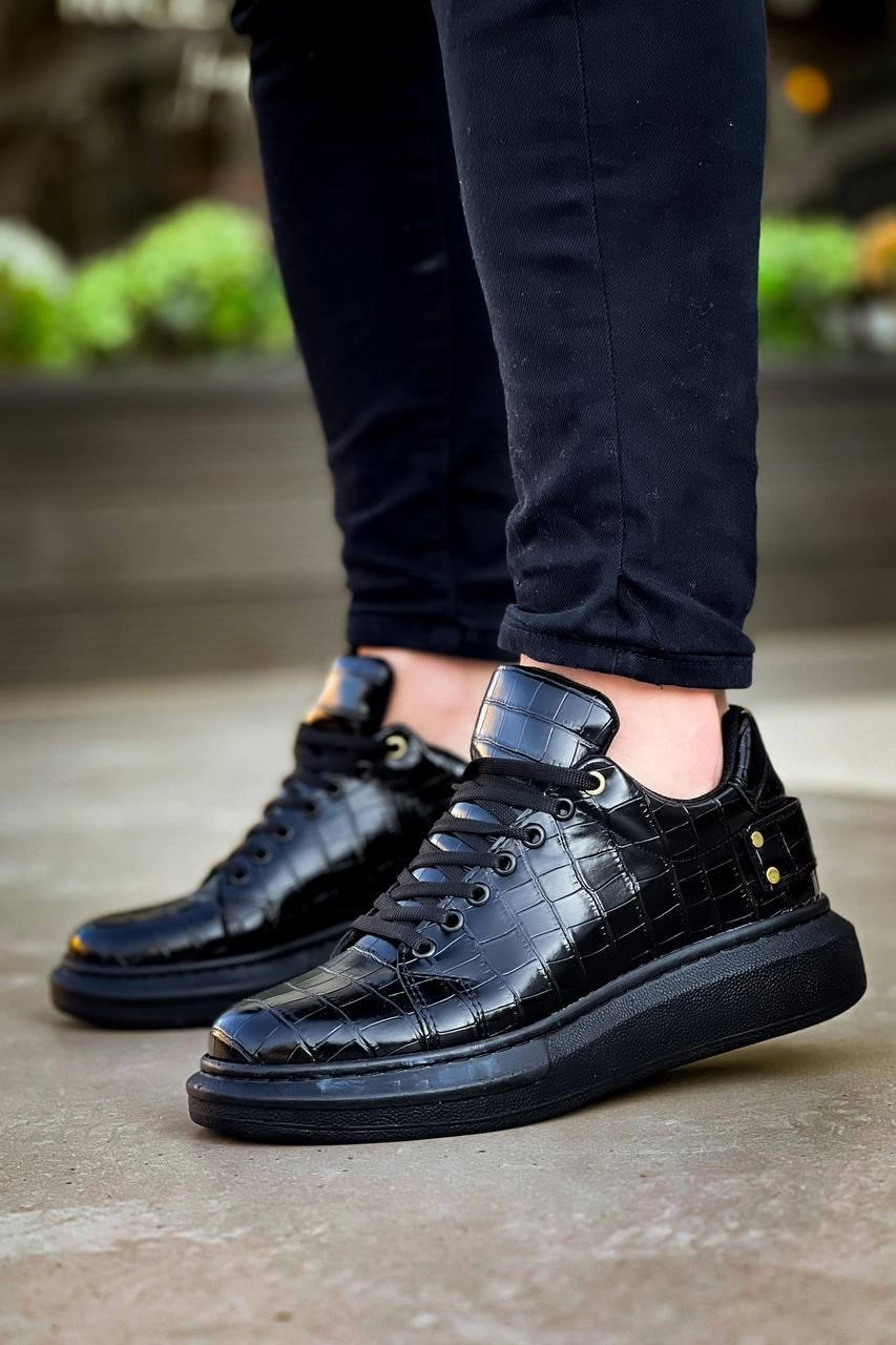 ZRK047 Siyah Kroko Desen Kalın Taban Bağcıklı Günlük Erkek Spor Ayakkabı