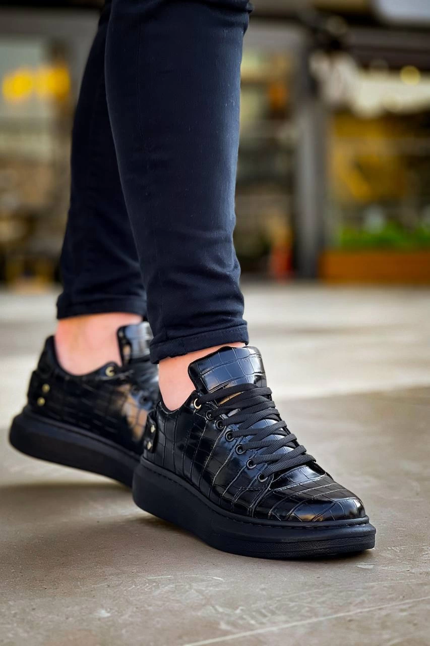 ZRK047 Siyah Kroko Desen Kalın Taban Bağcıklı Günlük Erkek Spor Ayakkabı