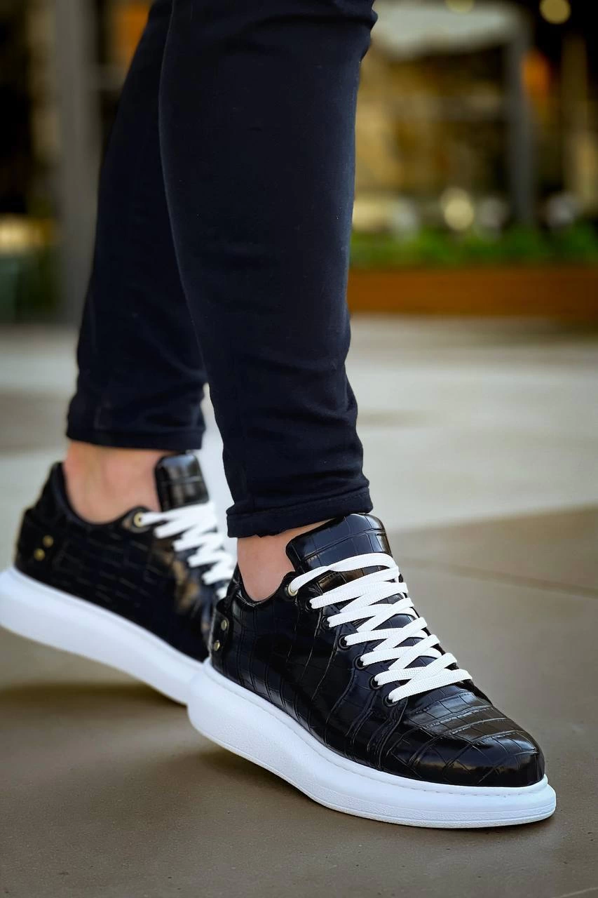 ZRK047 Siyah Beyaz Kroko Desen Kalın Taban Bağcıklı Günlük Erkek Spor Ayakkabı