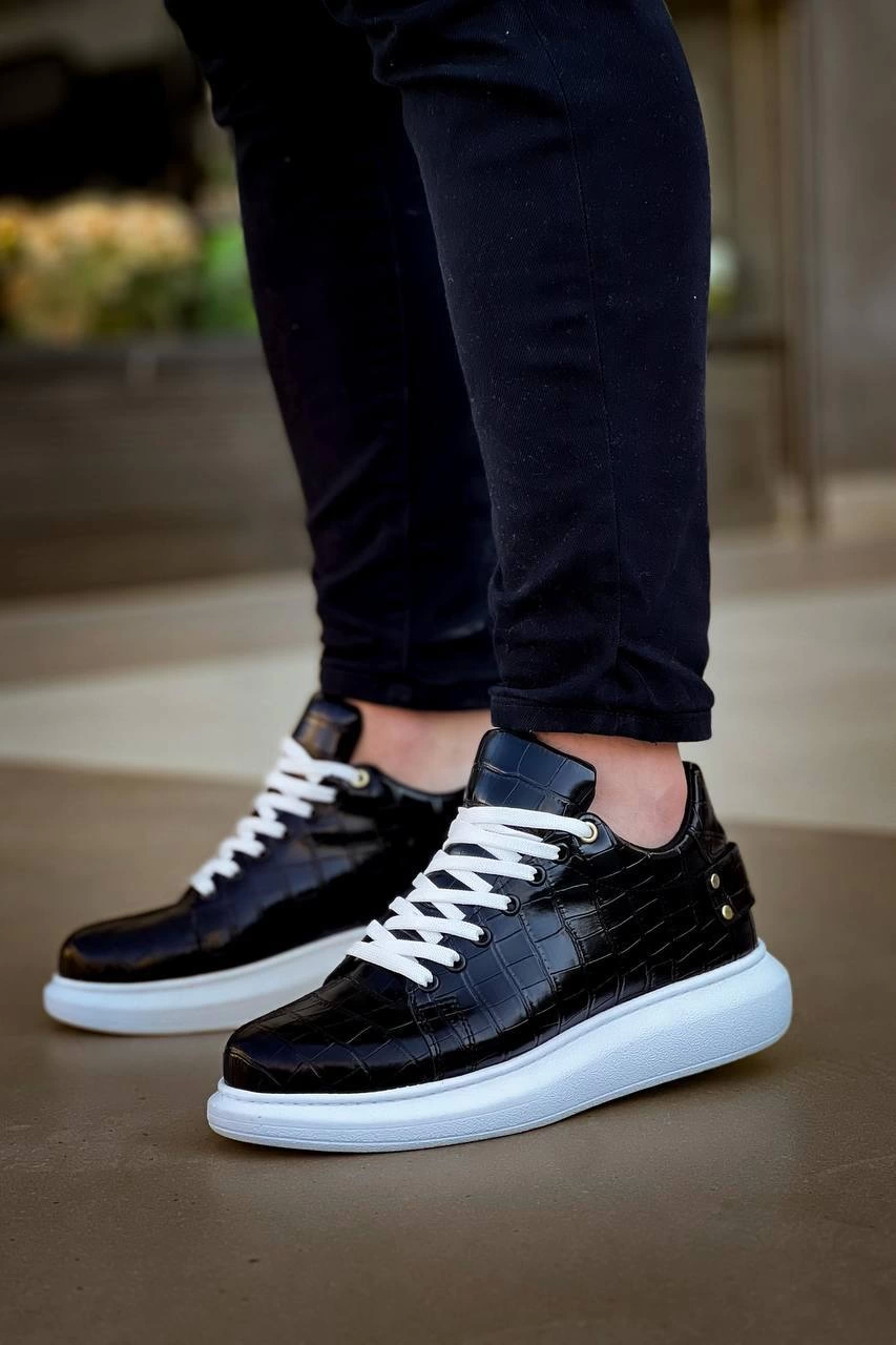 ZRK047 Siyah Beyaz Kroko Desen Kalın Taban Bağcıklı Günlük Erkek Spor Ayakkabı