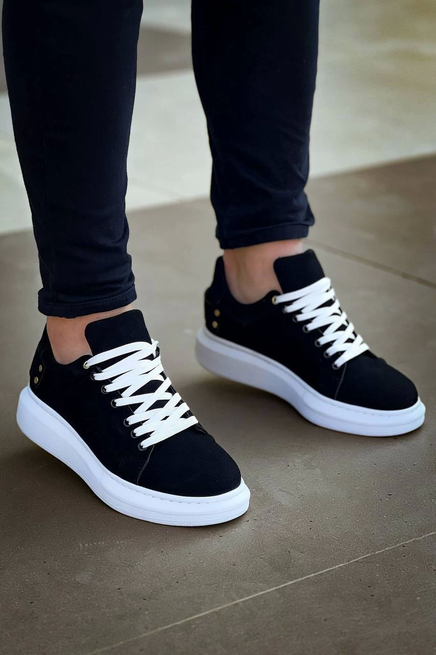 ZRK047 Siyah Beyaz Süet Kalın Taban Bağcıklı Günlük Erkek Spor Ayakkabı