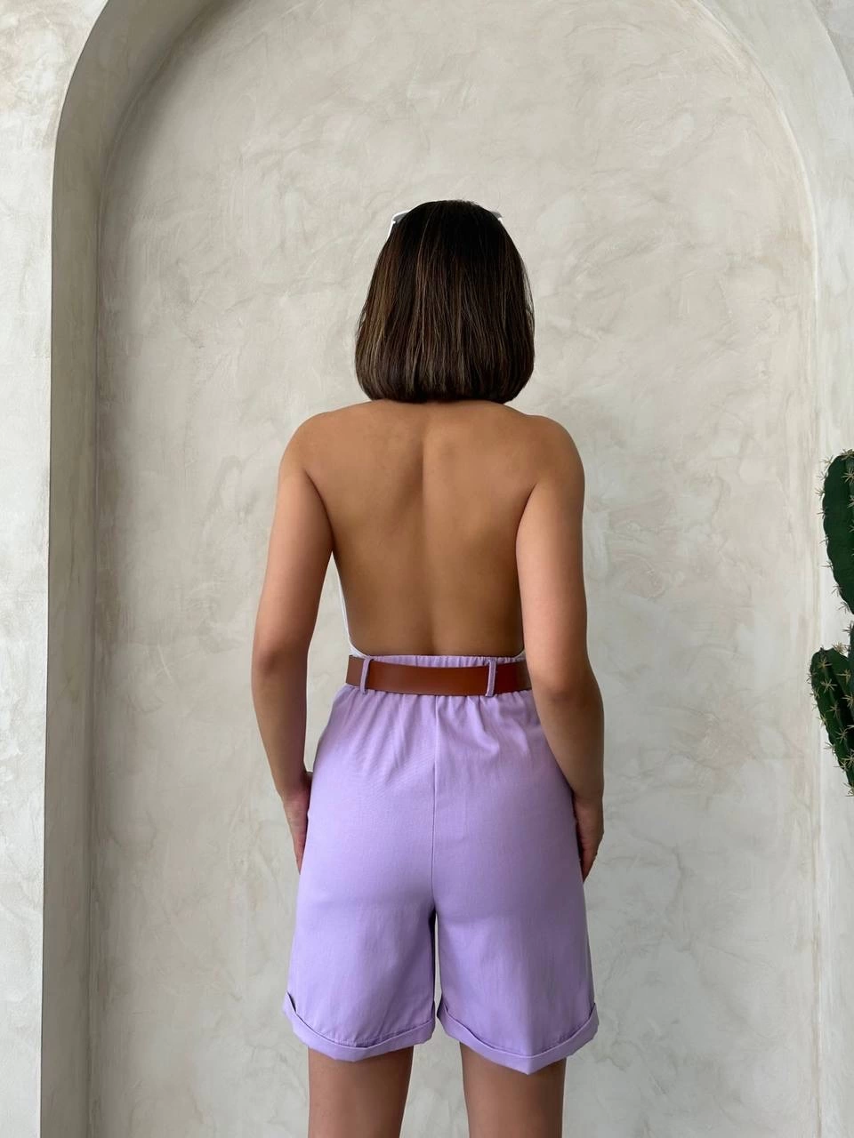 Kemerli Detaylı Gabardin Şort Lila