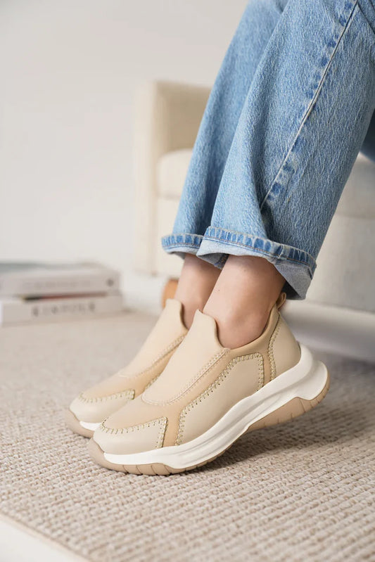 Kendy Premium Bej Streç Detaylı Kadın Sneaker