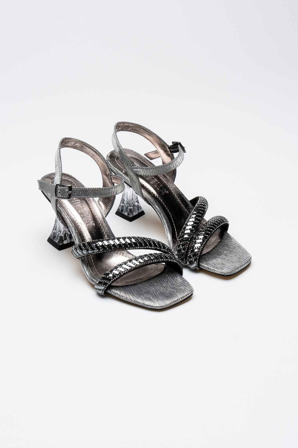 Kendy Premium Platinum Stone Women's Heeled Transparent Heeled Sandals