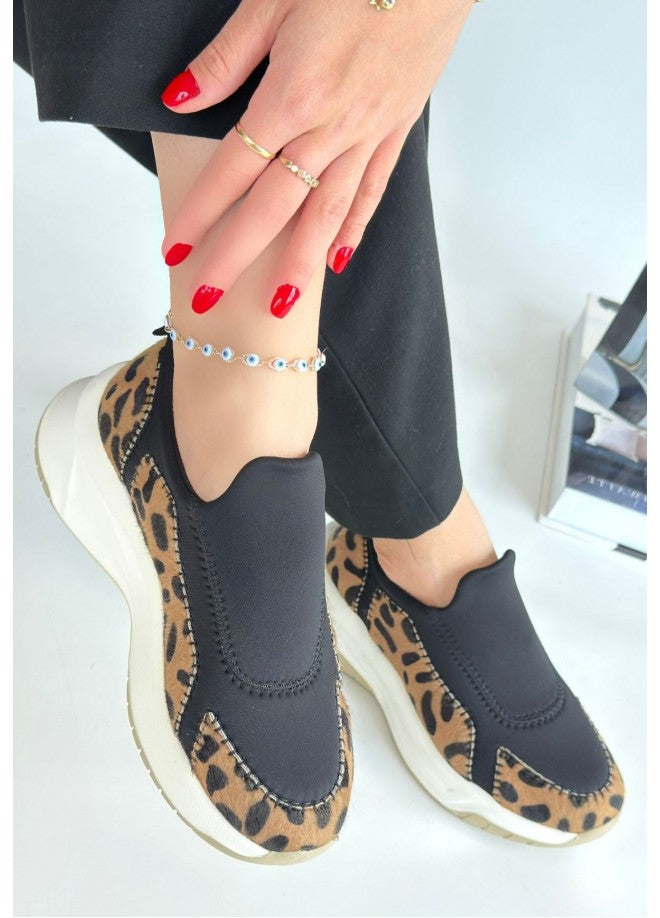 Kendy Premium Leopar Nubuk Streç Detaylı Kadın Sneaker