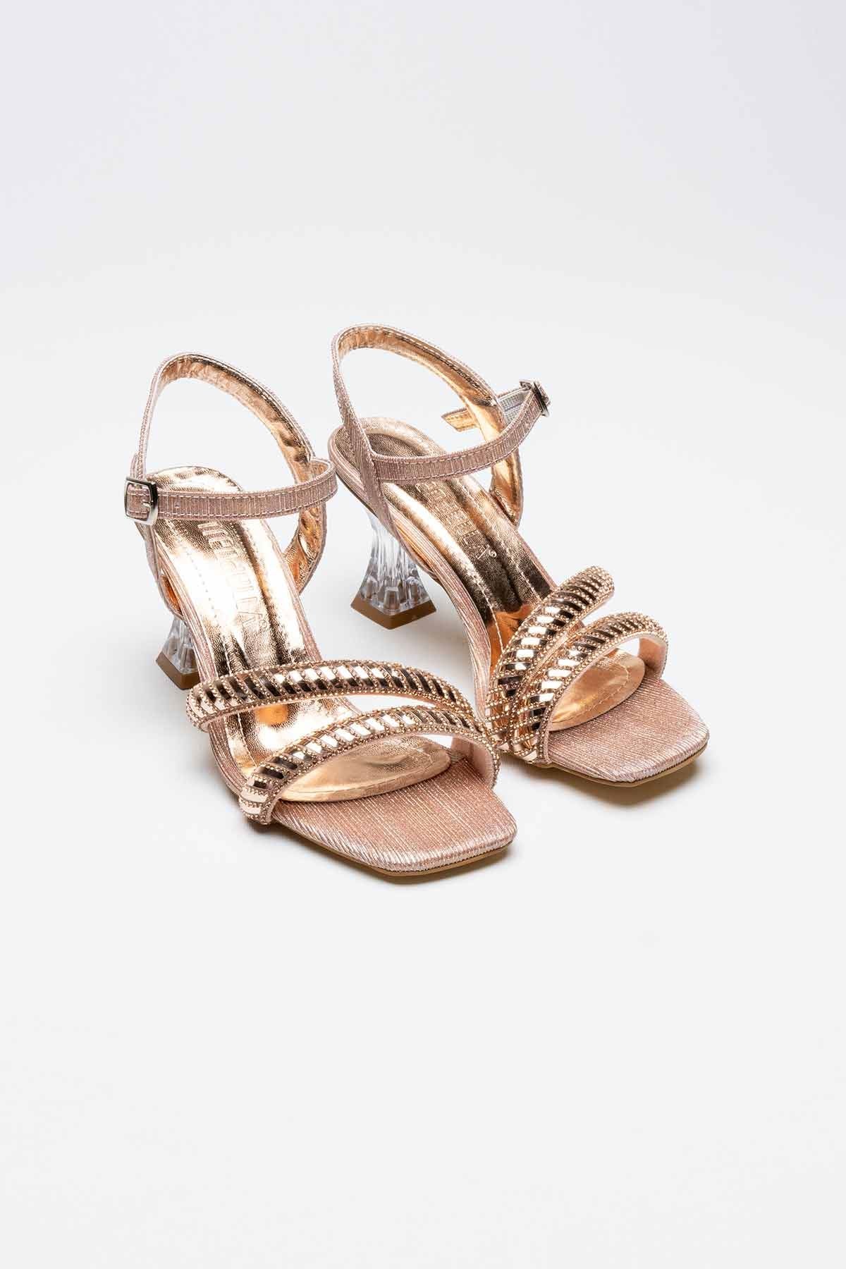 Kendy Premium Rose Gold Stoned Women's Transparent Heeled Sandals