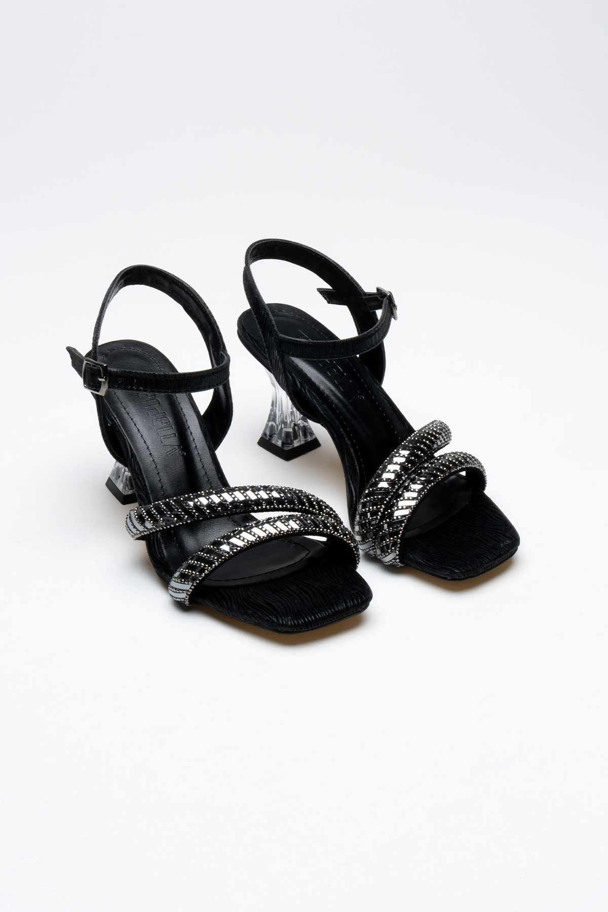 Kendy Premium Black Stoned Women's Heeled Transparent Heeled Sandals