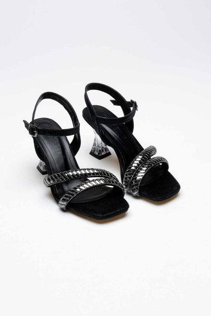 Kendy Premium Black Stoned Women's Heeled Transparent Heeled Sandals