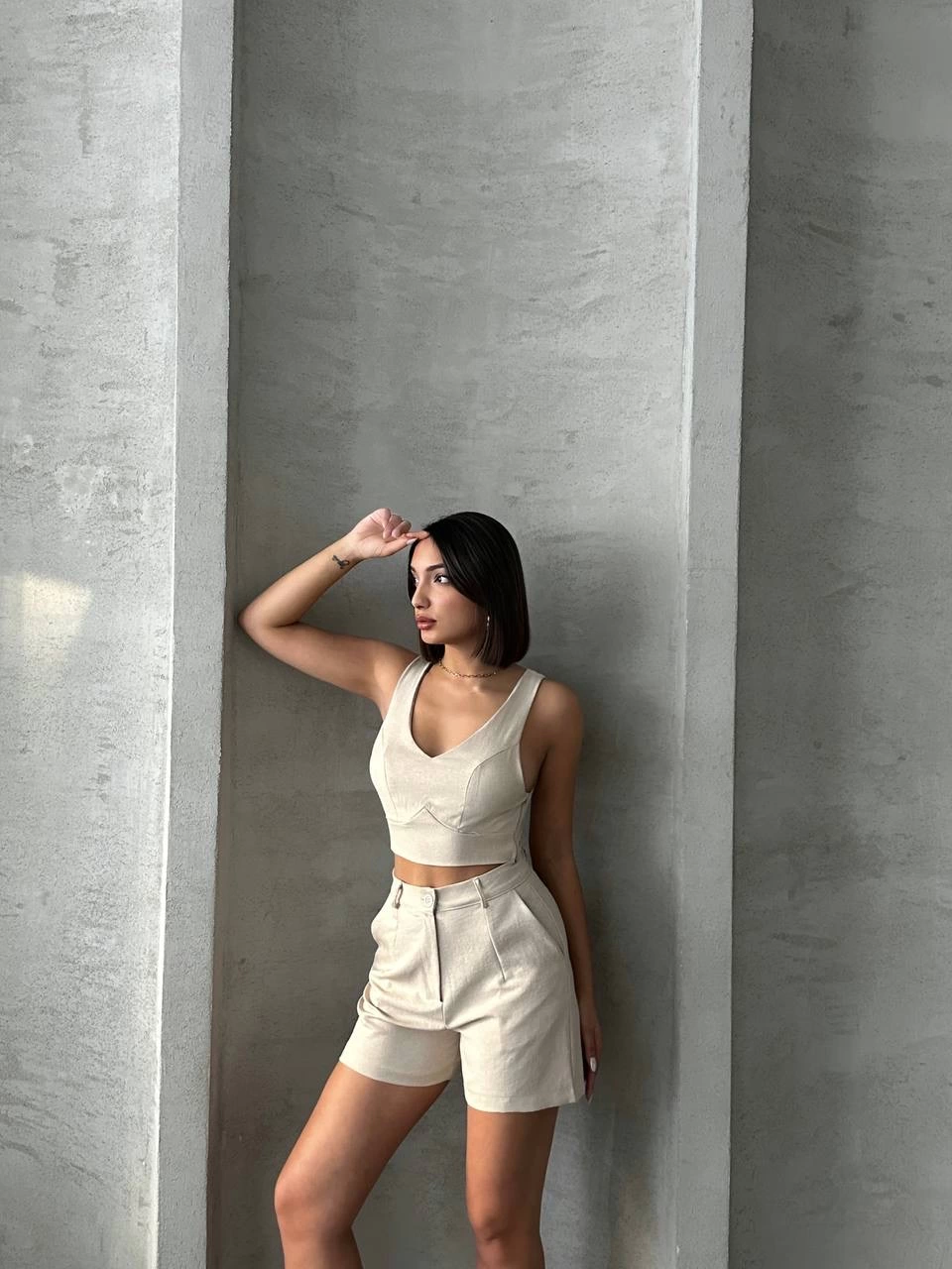 KETLİN Linen Shorts Women's Set Beige