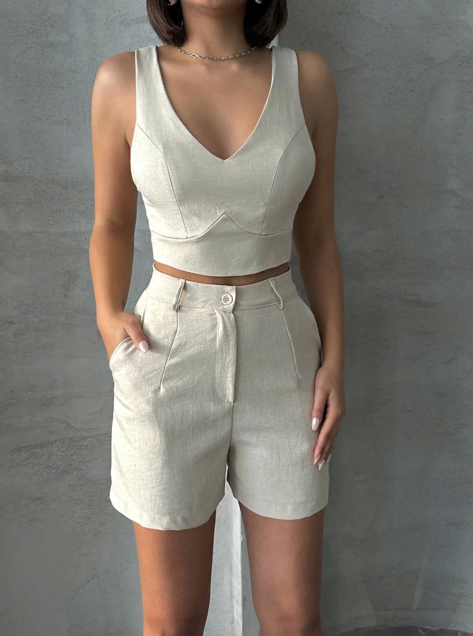 KETLİN Linen Shorts Women's Set Beige