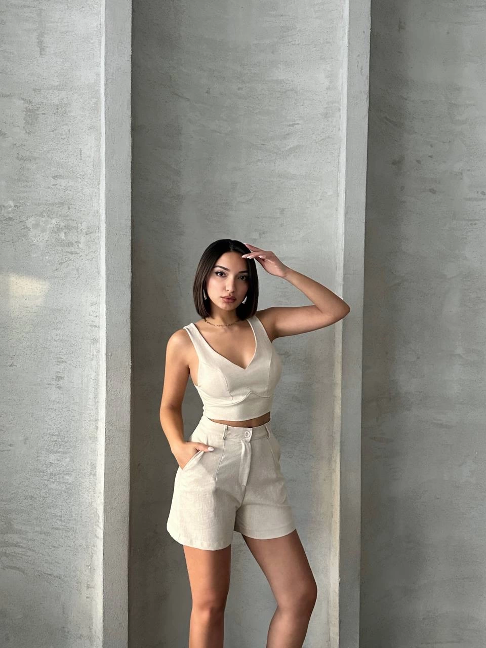 KETLİN Linen Shorts Women's Set Beige