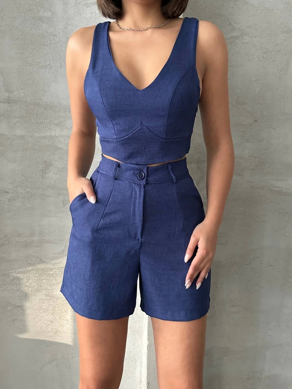 KETLİN Women's Linen Shorts Suit Navy Blue