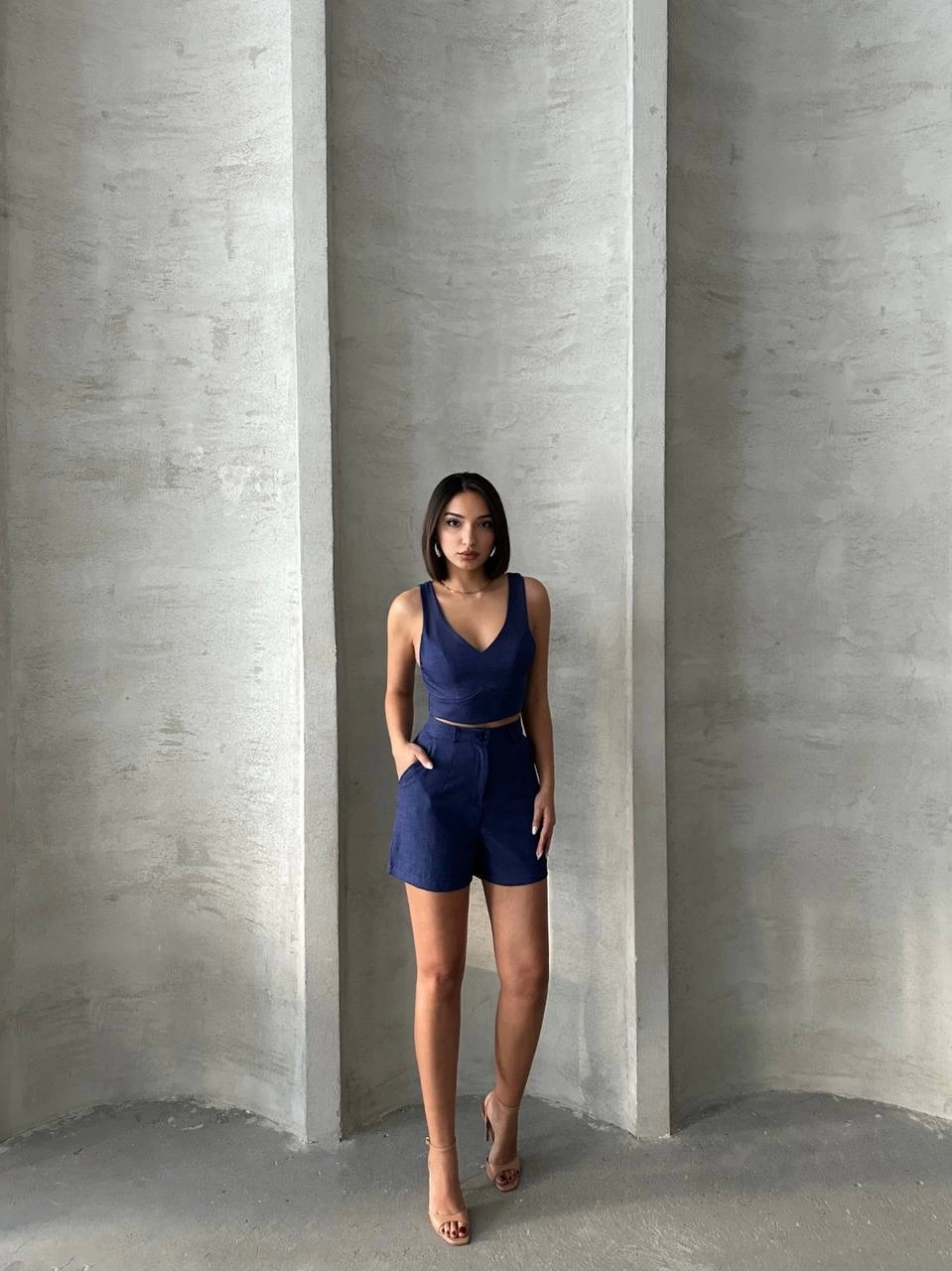 KETLİN Women's Linen Shorts Suit Navy Blue