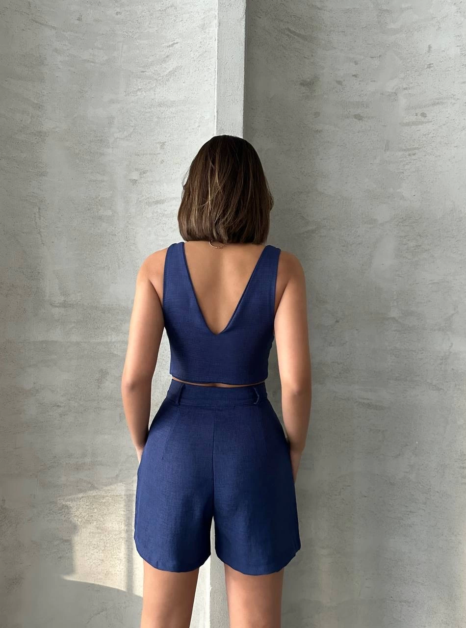 KETLİN Women's Linen Shorts Suit Navy Blue