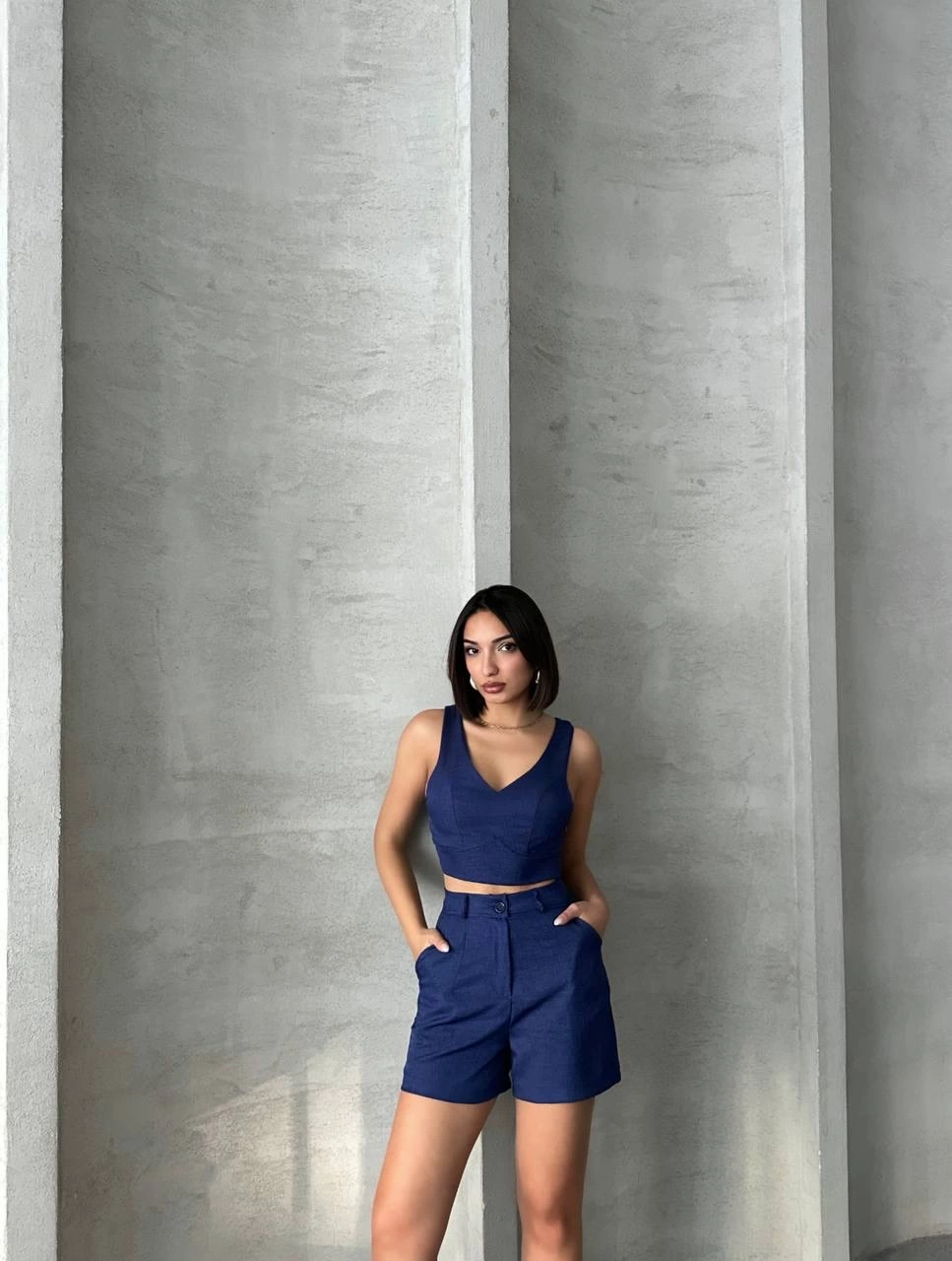 KETLİN Women's Linen Shorts Suit Navy Blue