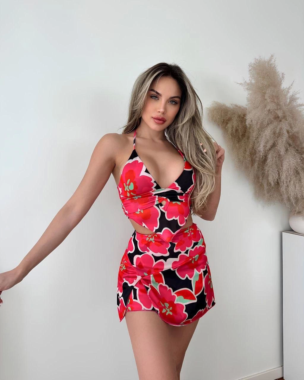 Red Patterned Top and Bottom Dress Set