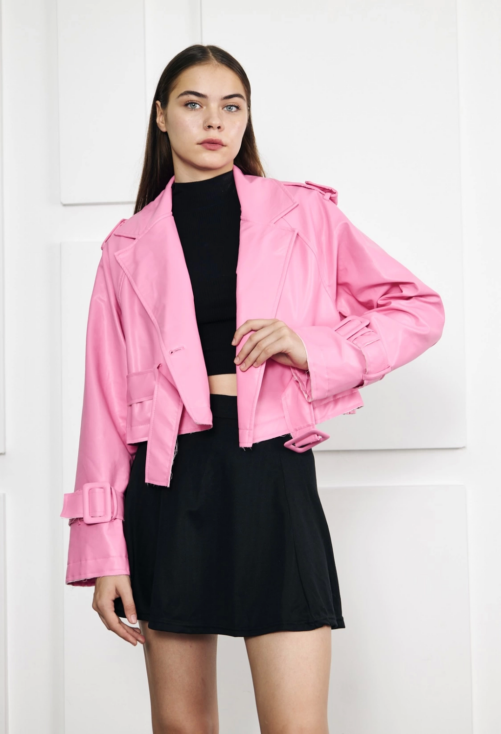 RealLeather Pembe Hakiki Deri Kadın Ceket – Oversize Crop Stil