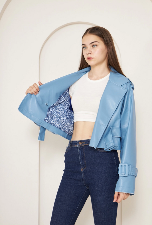 RealLeather Mavi Hakiki Deri Kadın Ceket – Oversize Crop Stil