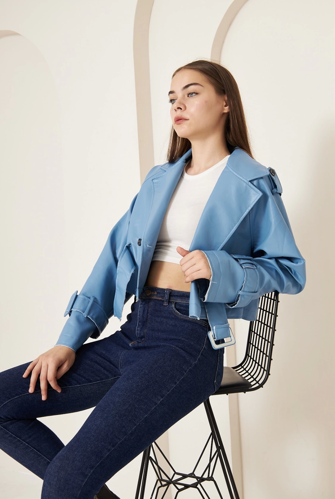 RealLeather Mavi Hakiki Deri Kadın Ceket – Oversize Crop Stil