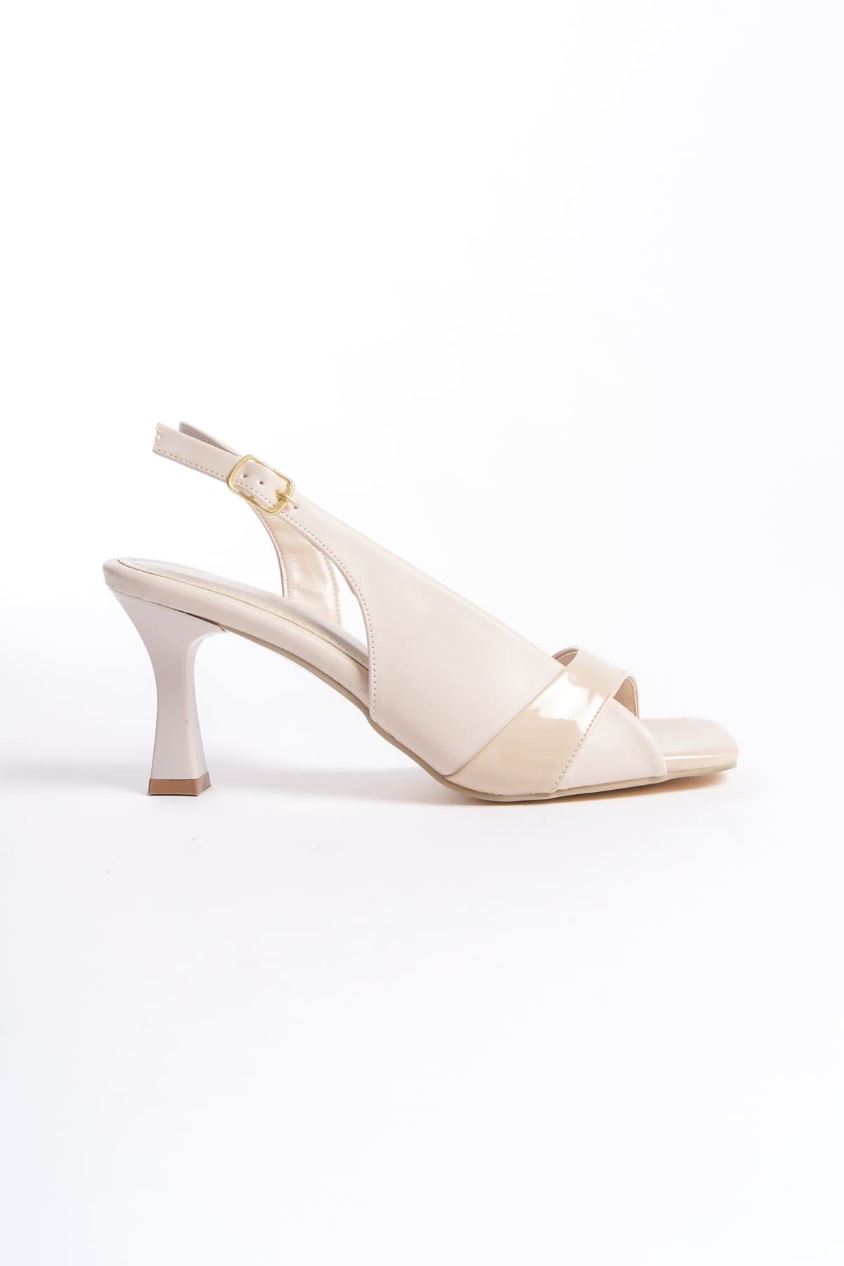 Klein Premium Women's Beige Patent Leather Detailed Heeled Sandals