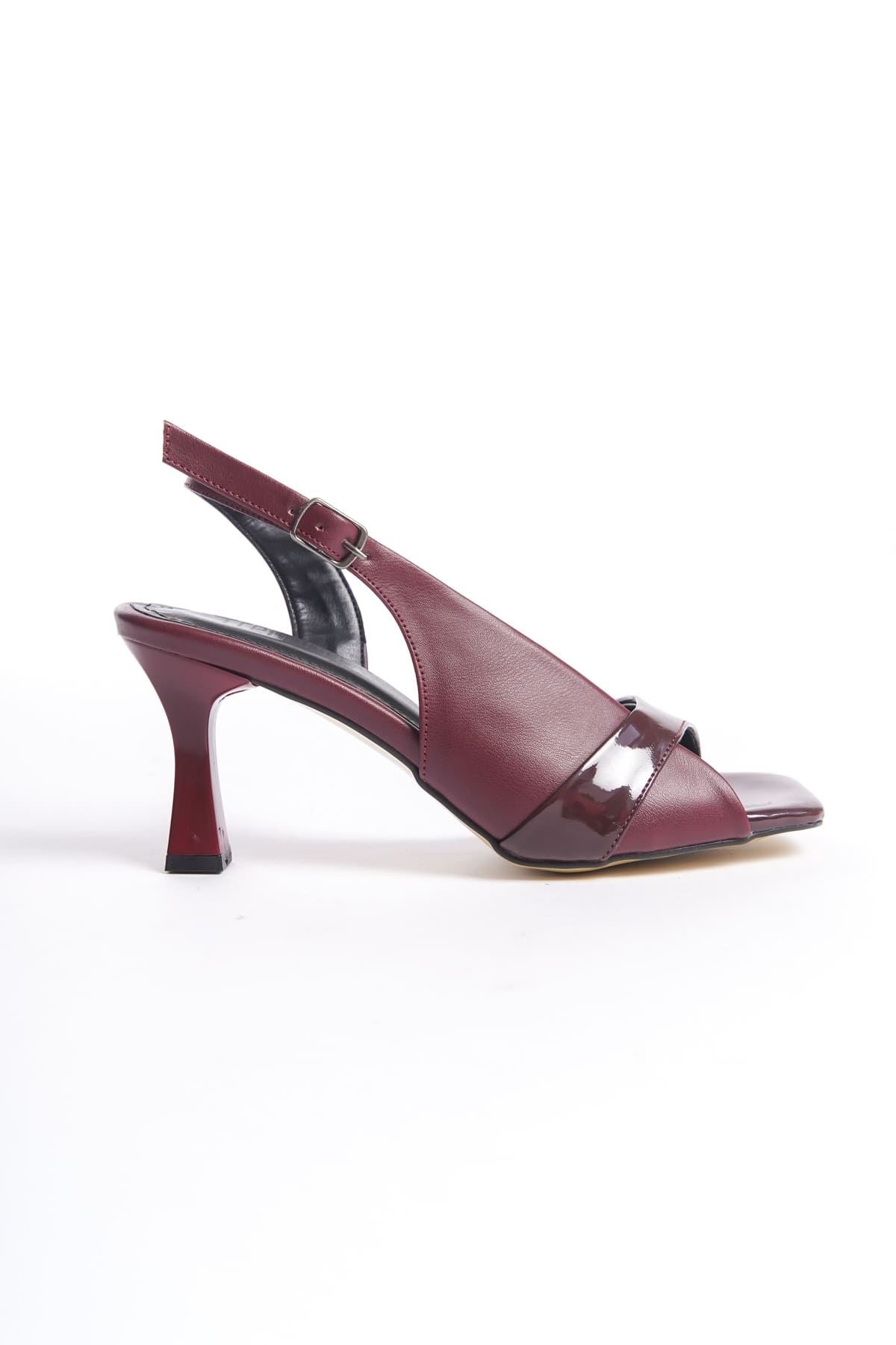 Klein Premium Women's Burgundy Patent Leather Detailed Heeled Sandals