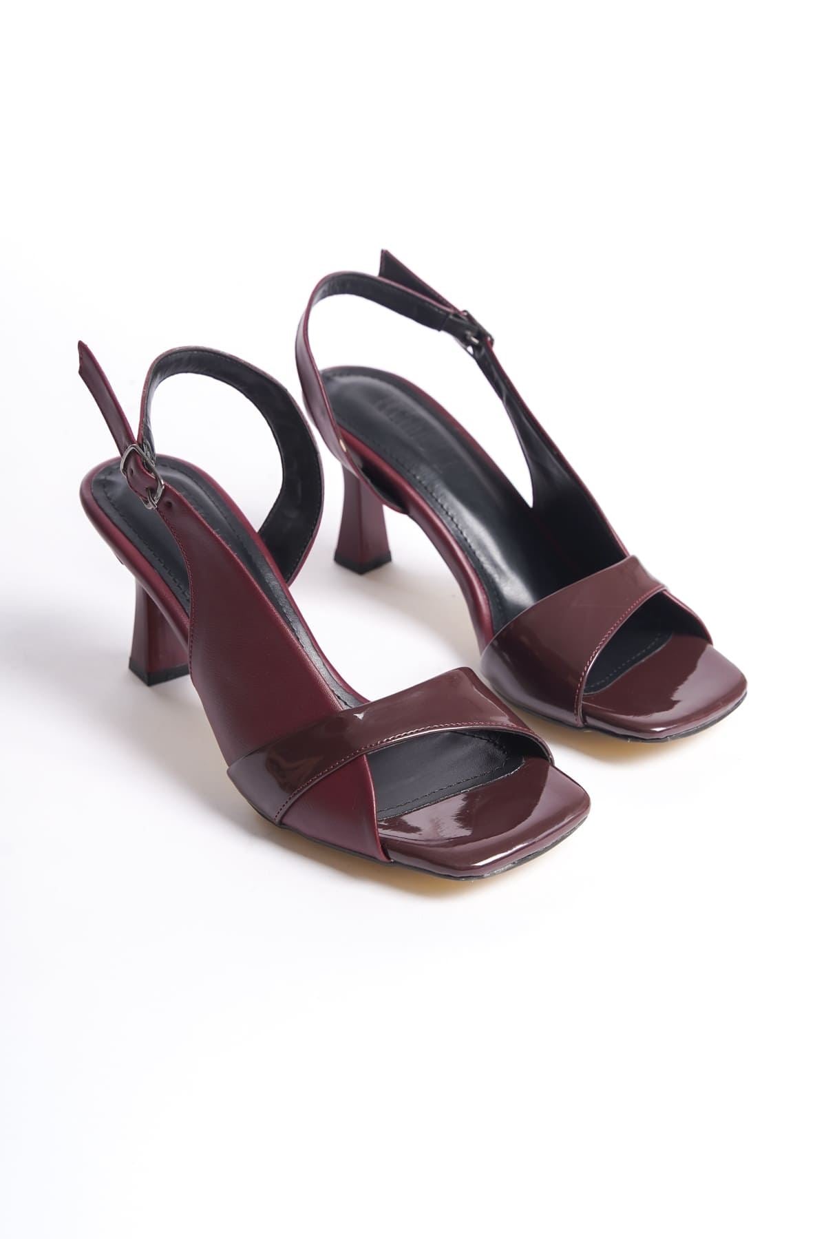 Klein Premium Women's Burgundy Patent Leather Detailed Heeled Sandals