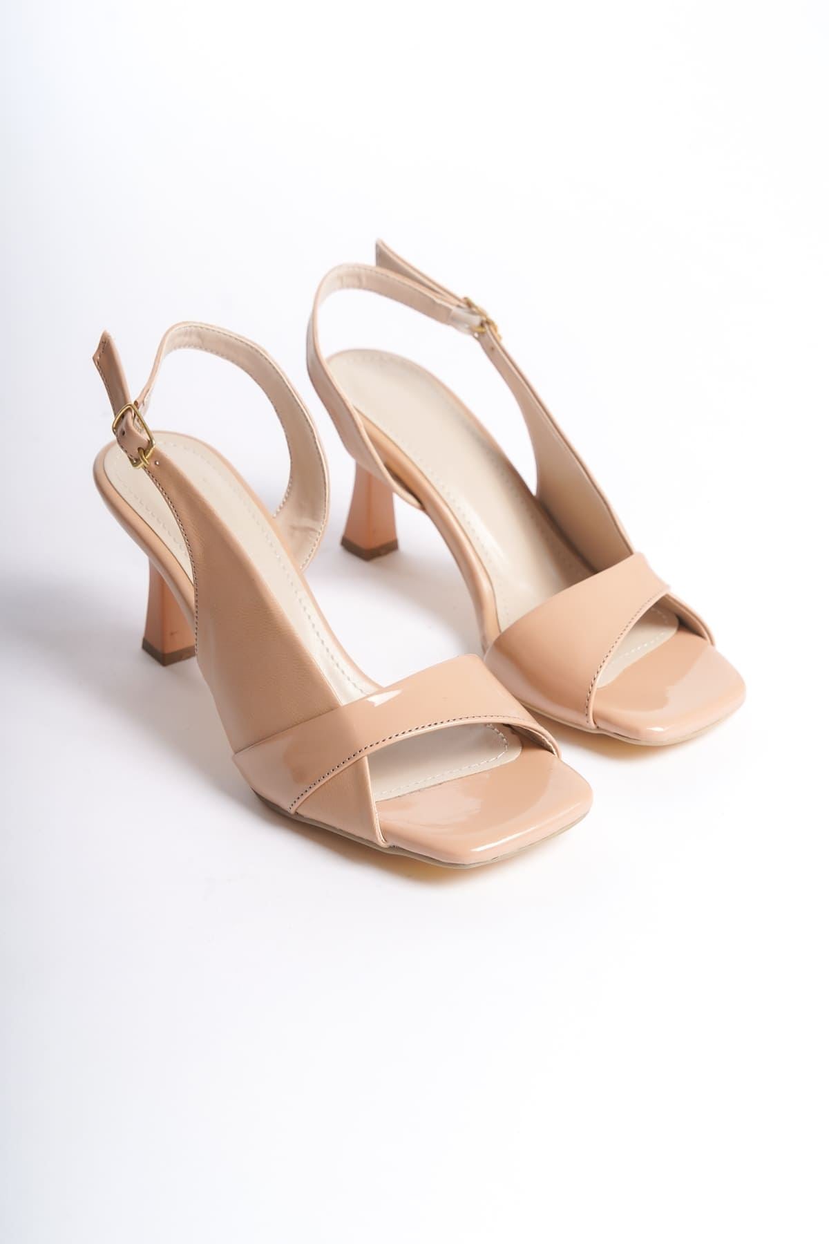 Klein Premium Women's Nude Patent Leather Detailed Heeled Sandals