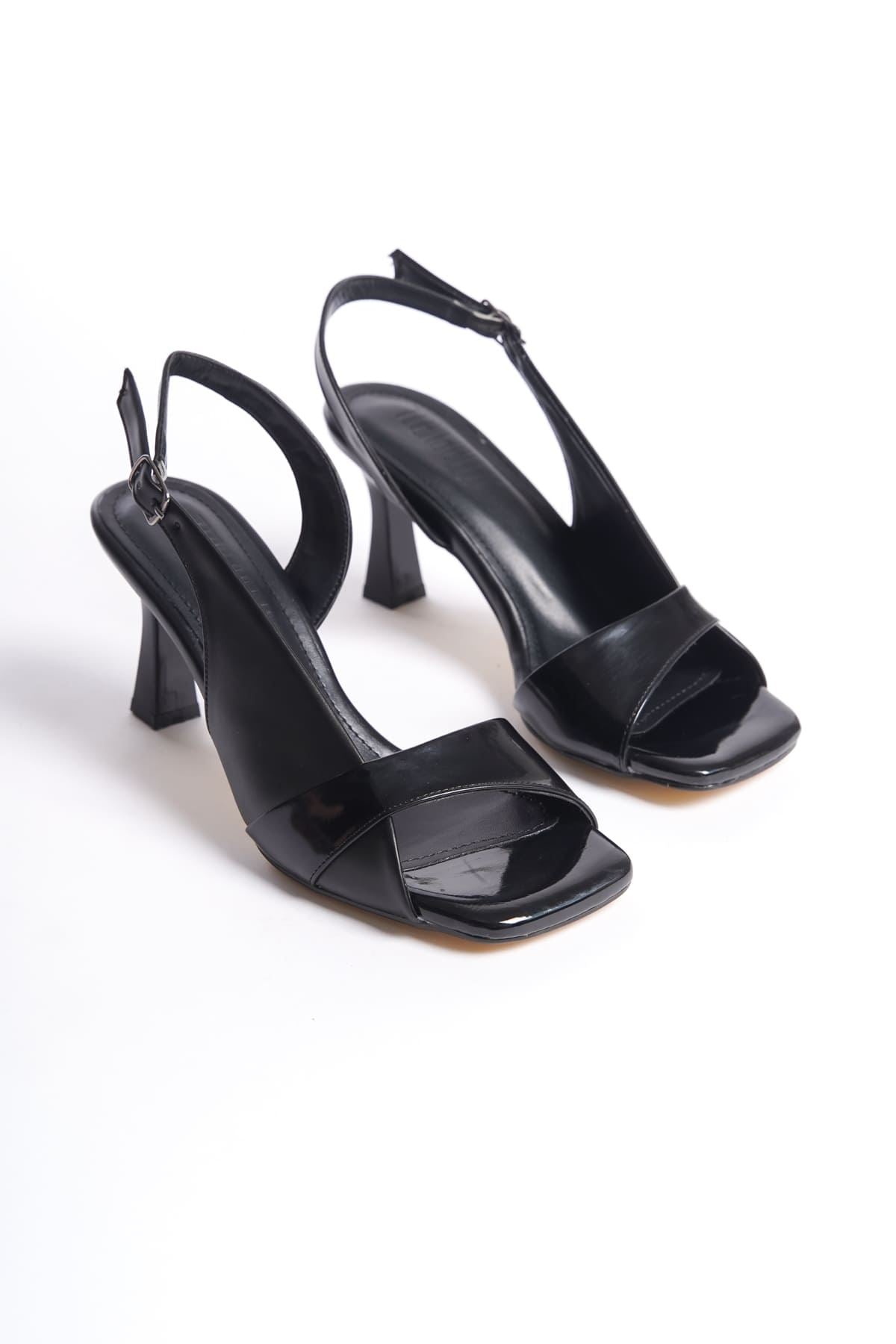 Klein Premium Women's Black Patent Leather Detailed Heeled Sandals