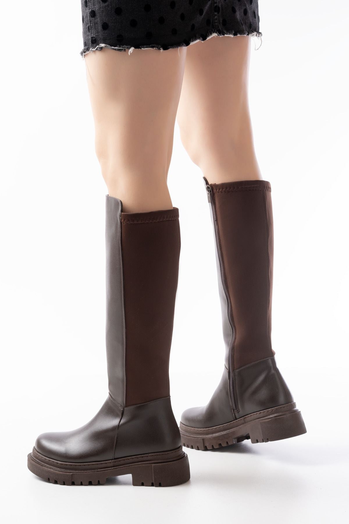Knee-High Premium Kahve Arkası Streç Fermuarlı Günlük Kadın Çizme