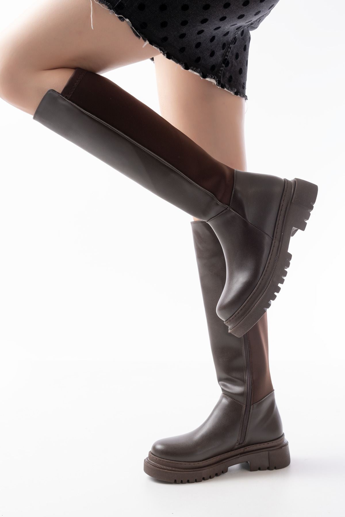 Knee-High Premium Kahve Arkası Streç Fermuarlı Günlük Kadın Çizme