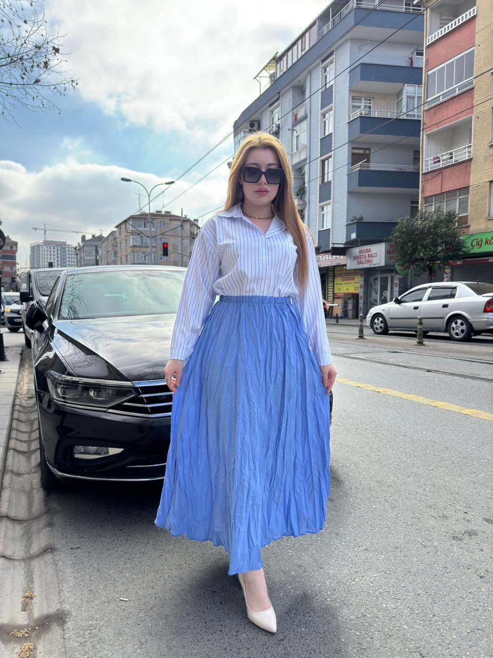 Kadın Beli Lastikli Rahat Kraş Etek Bebe Mavi