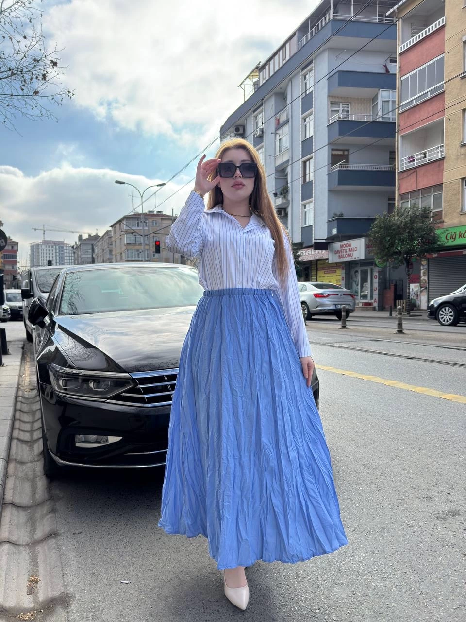Kadın Beli Lastikli Rahat Kraş Etek Bebe Mavi