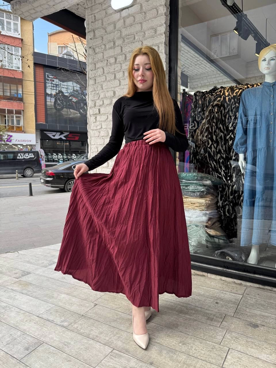 Kadın Beli Lastikli Rahat Kraş Etek Bordo