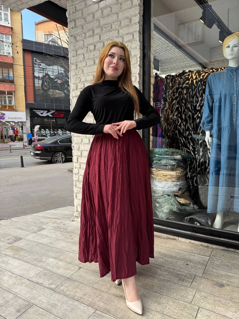 Kadın Beli Lastikli Rahat Kraş Etek Bordo