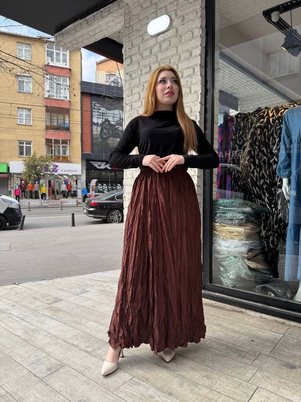 Kadın Beli Lastikli Rahat Kraş Etek Kahve