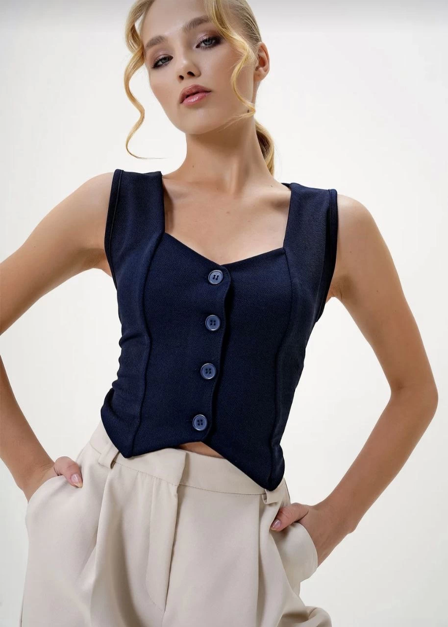 Crepe Fabric Heart Collar Buttoned Crop Vest Navy Blue
