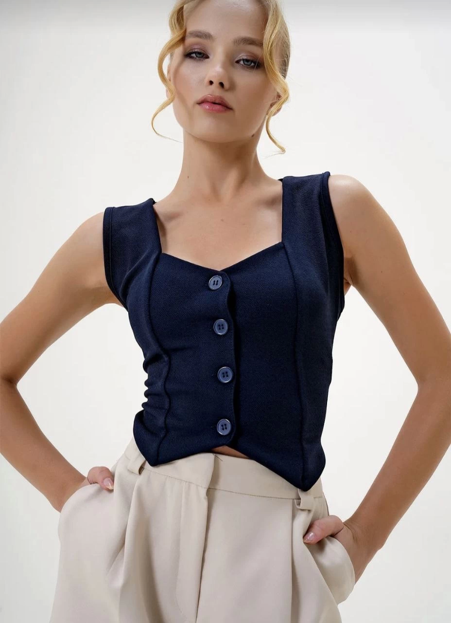 Crepe Fabric Heart Collar Buttoned Crop Vest Navy Blue