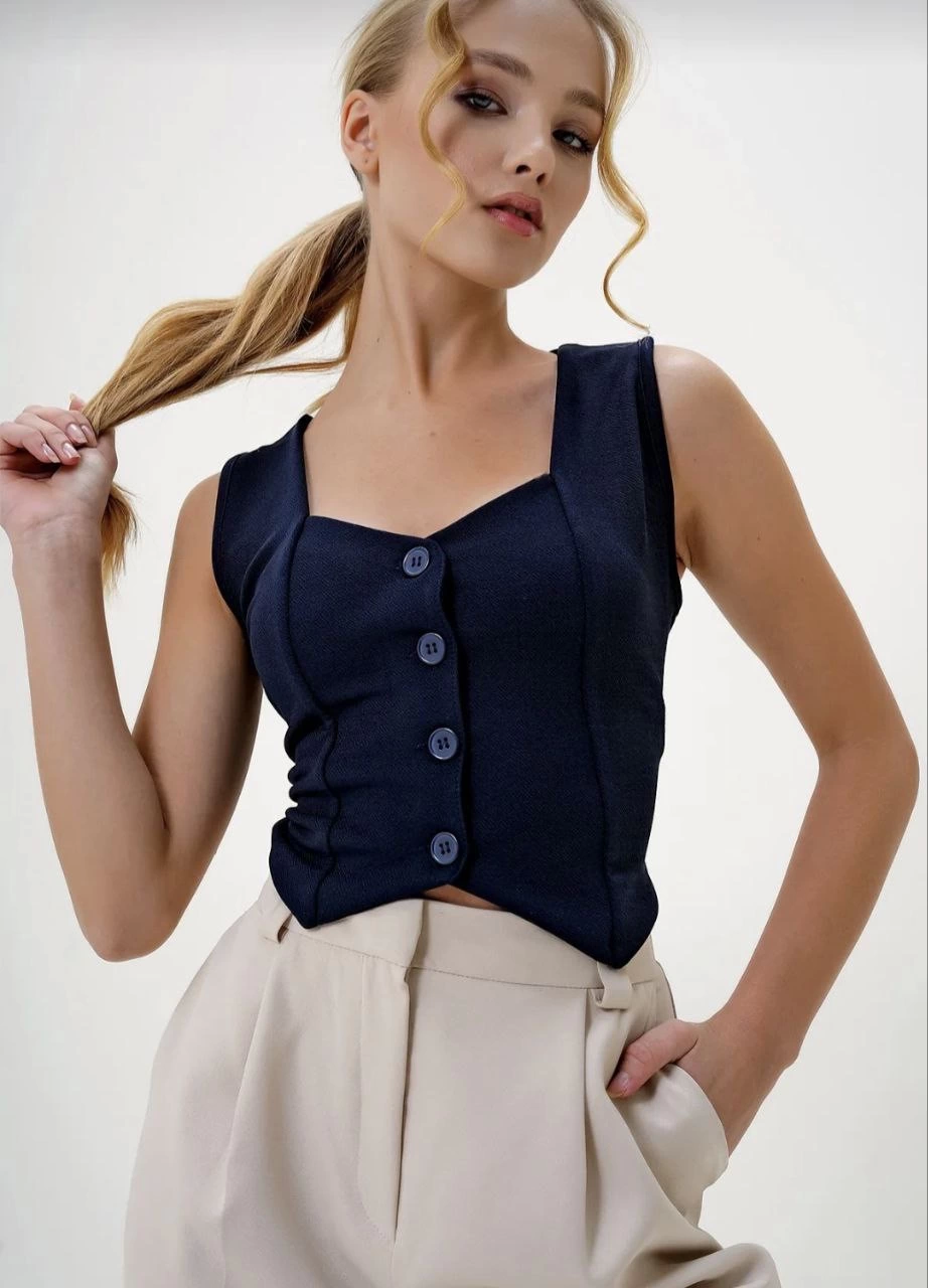Crepe Fabric Heart Collar Buttoned Crop Vest Navy Blue