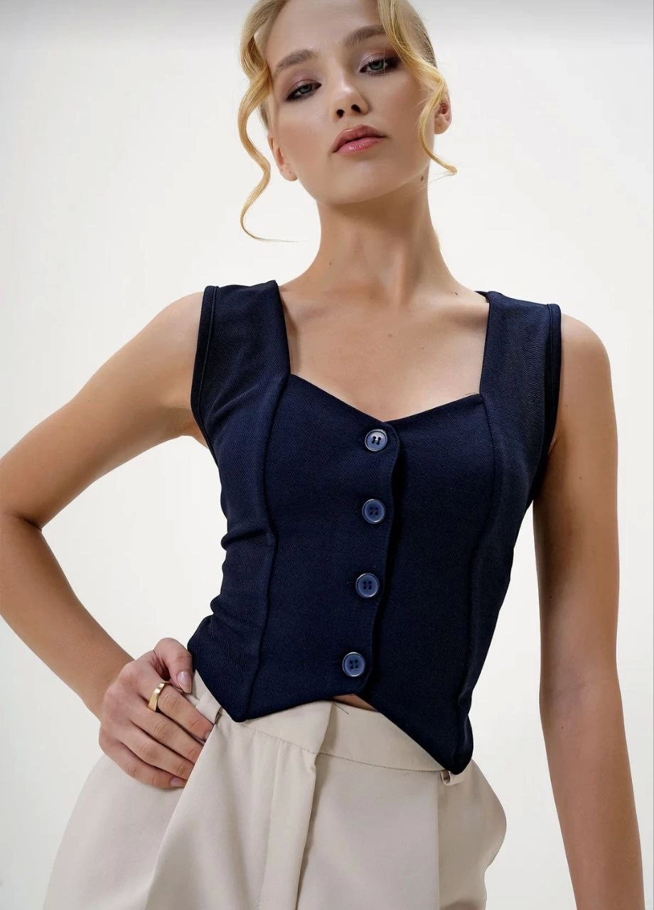 Crepe Fabric Heart Collar Buttoned Crop Vest Navy Blue