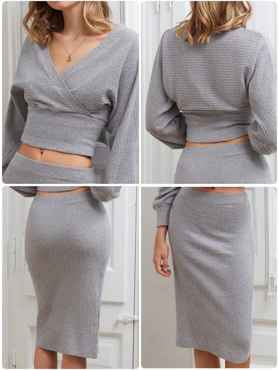 Kruvaze Şardonlu Etekli Takım Gri