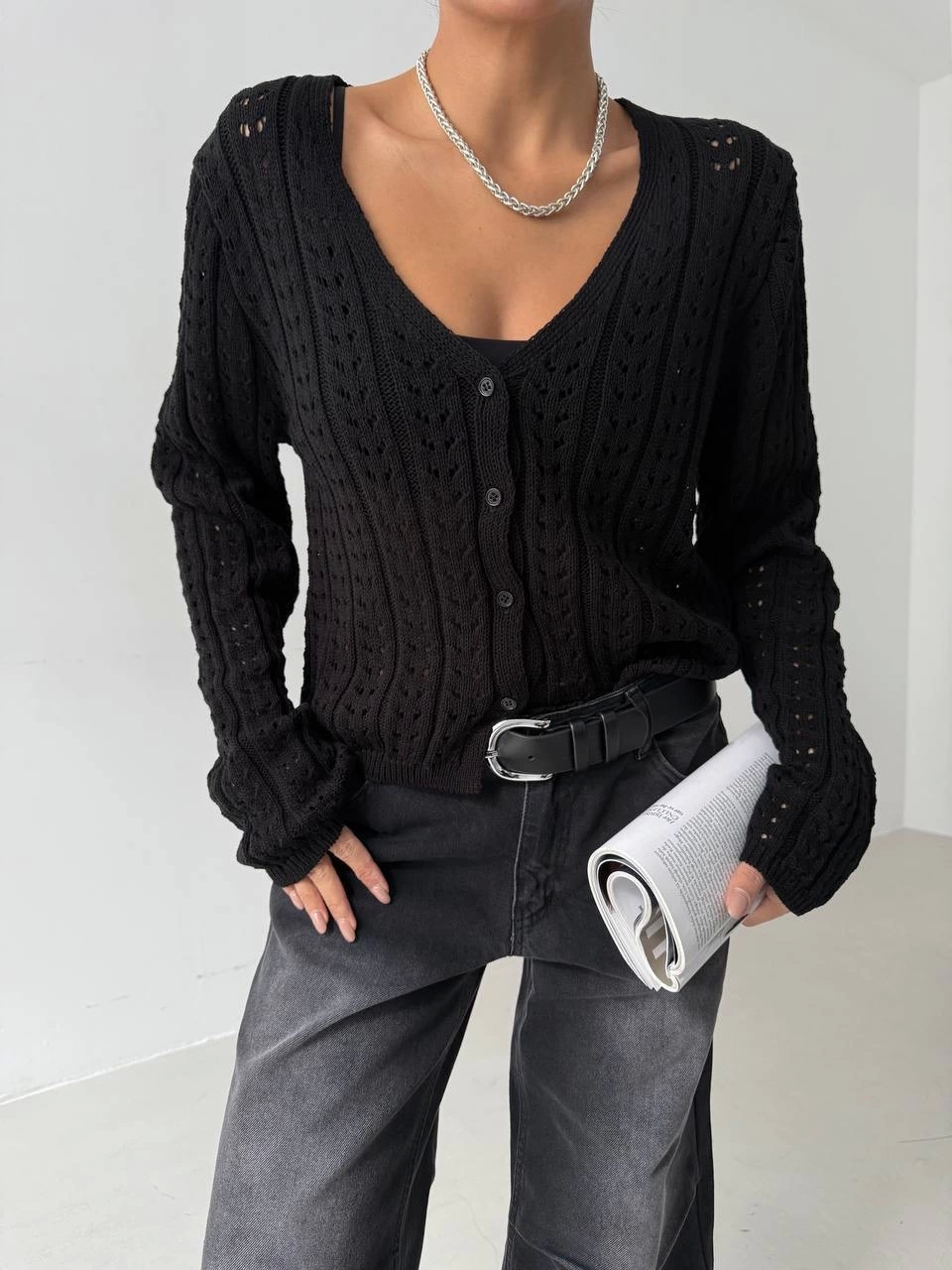 Small Buttoned Small Knitted Sweater Cardigan Black