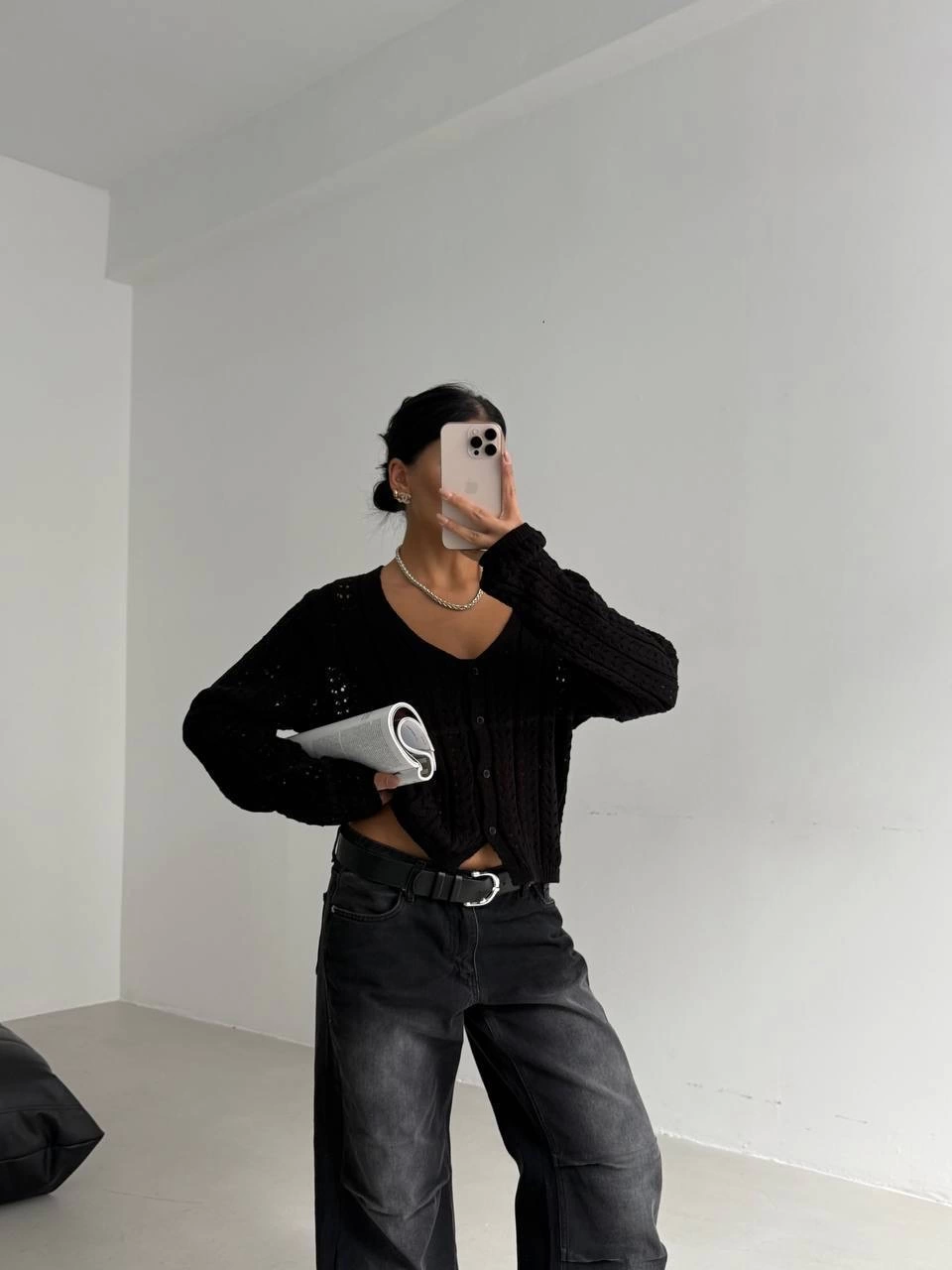 Small Buttoned Small Knitted Sweater Cardigan Black