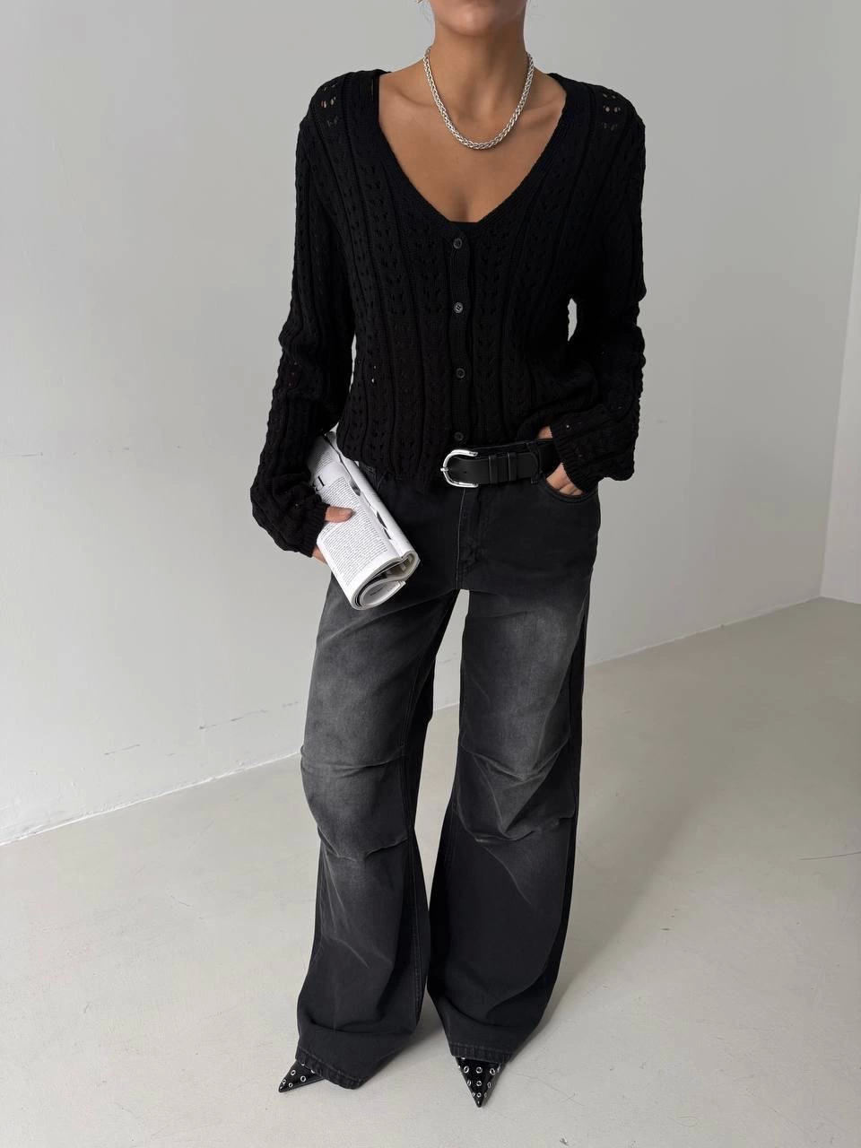 Small Buttoned Small Knitted Sweater Cardigan Black